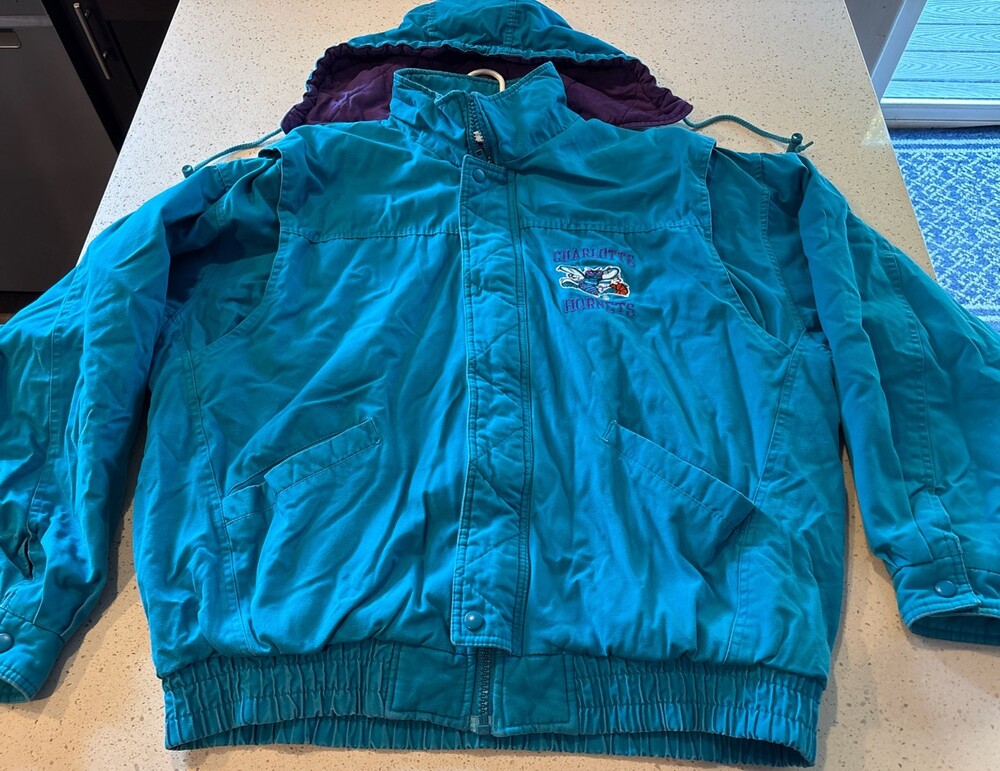 Vintage Charlotte Hornets Logo 7 Zipped Front Lined Coat w/Detach Hood Men XL